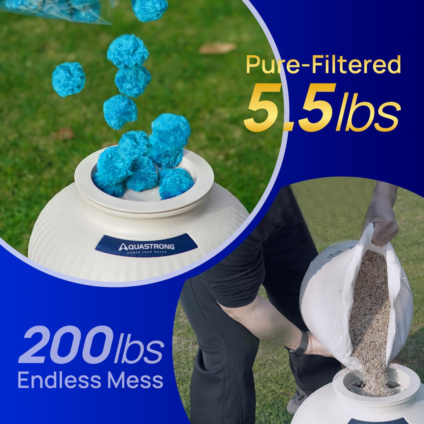 AQUASTRONG Pool Filter Balls for Sand Filter Pump, 5.5 lbs Reusable Sand Filter Balls (Replaces 200 lbs Pool Filter Sand), Efficient Blue Filter Balls for Swimming Pools, Filter Pumps, Aquariums