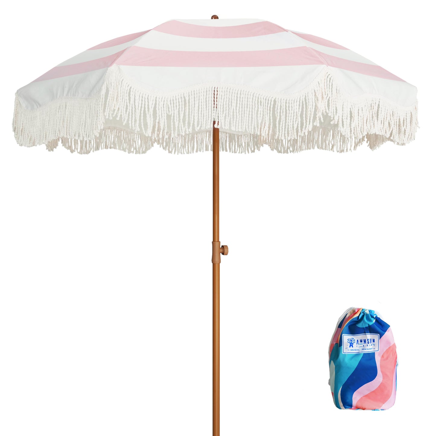 AMMSUN Boho Fringe Umbrella with Outdoor Blanket, 6.5ft UPF50+ Picnic Umbrella with Tassels with Steel Pole & Push Button Tilt, Pink Stripes