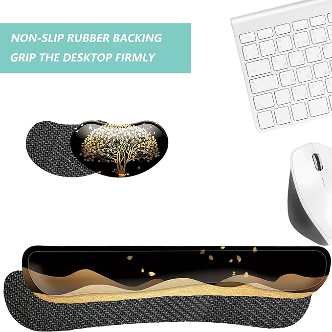 Keyboard Wrist Rest Mouse Wrist Support Set, Memory Foam Wrist Rest Pad for Computer Laptop Keyboard Mouse, Ergonomic Wrist Cushion Support for Typing Pain Relief, Gaming Home Office, Tree