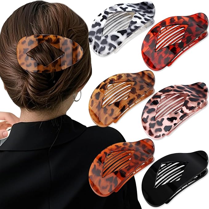 Large Flat Round Hair Clips Oval Claw Clips for Thick Medium Thin Hair 6Pcs Non Slip Strong Hold Barrettes Duckbill Accessories for Women Girls Leopard Tortoise Shell Color