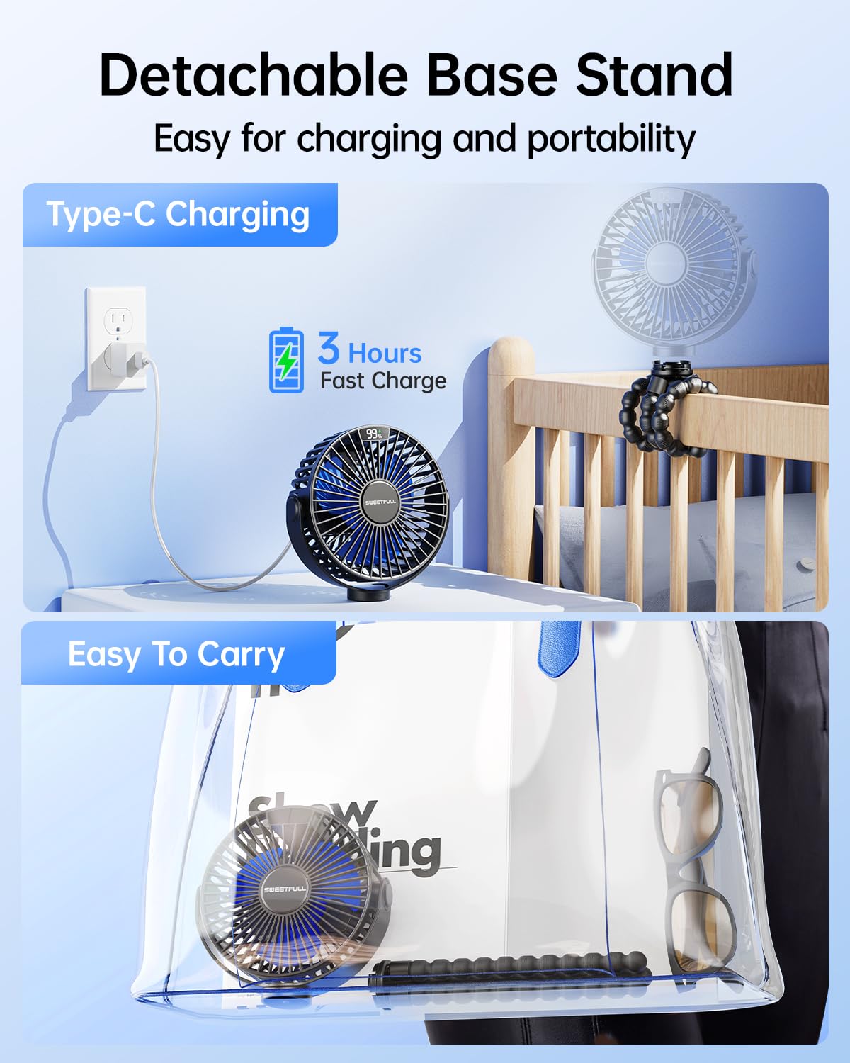 SWEETFULL Portable Stroller Fan with LED Display, 4 Speed Rechargeable Mini Clip On Fan, 360° Rotate Flexible Tripod Better Cooling Small Baby Fan for Car Seat Crib Travel Bike Treadmill (Black)