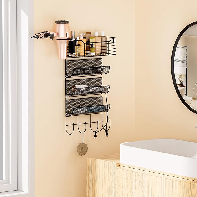 VITVITI Metal Hair Tool Organizer Wall Mount, Hair Dryer Holder with 4 Tier Shelf Basket Hooks, Bathroom Styling Tool Organizer for Curling Iron/Blow Dryer/Straightener, Matte Black