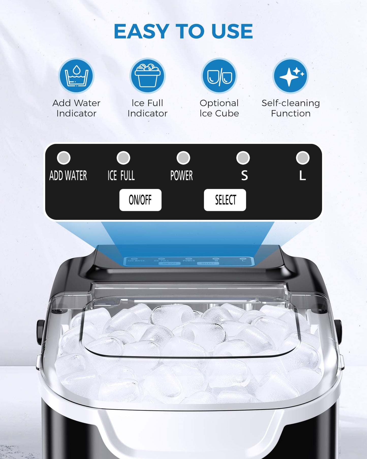 COWSAR Ice Maker Countertop, Portable Self-Cleaning Ice Machine, 26.5lbs/24Hrs, 8 Bullet Ice Cubes in 6 Mins, with Ice Basket and Scoop, Quiet Mini Ice Makers for Home, Kitchen, Bar, Camping
