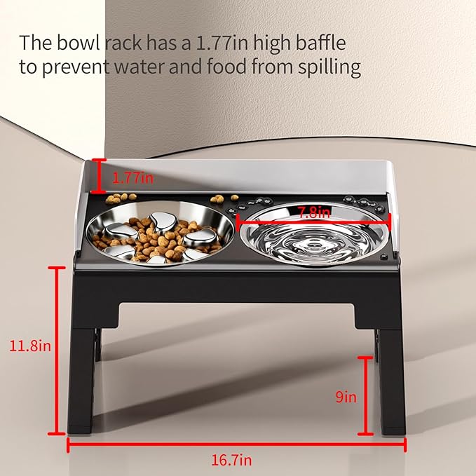 PAKEWAY Elevated Dog Bowls, Spill Proof, Tiltable Pet Feeder with 1 Stainless Steel Bowl &1 Stainless Steel Slow Feeder Bowl, 6 Height Adjustable Raised Dog Bowls Stand for Medium Large Dogs