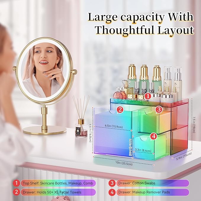 Youdepot Iridescent Acrylic Face Towel Holder with 3 Drawers, Disposable Face Towel Organizer for XL Facial Towels, Cotton Pads, Swabs, Skincare Tools, Bathroom Vanity Countertop Storage Box