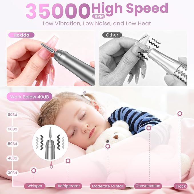 Cordless Nail Drill 35000RPM, Portable Electric Nail File for Acrylic Gel Nails, Professional Manicure Pedicure Kit, Rechargeable efile Set for feet with LCD Display, Low Noise Low Vibration-Grey
