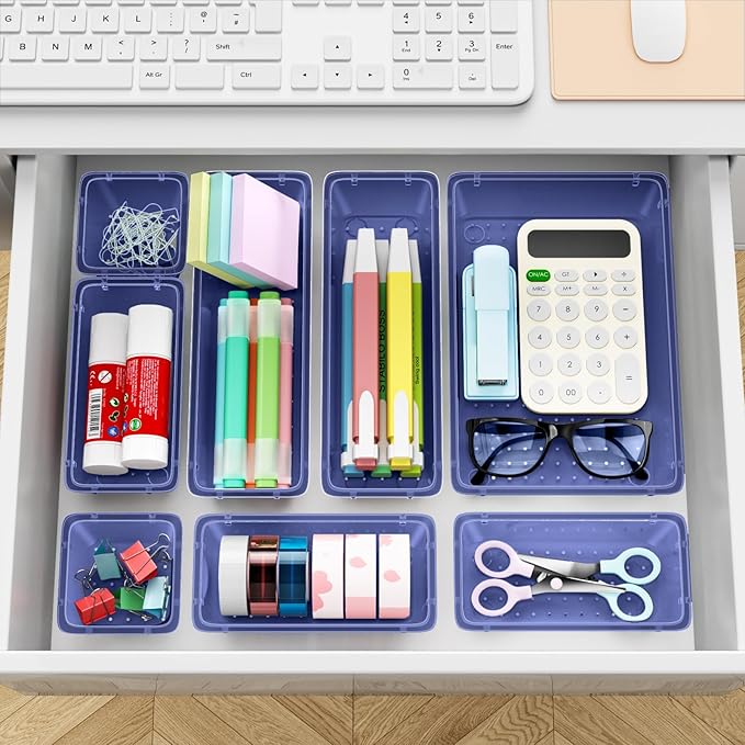 12 PCS Drawer Organizer Set, 4 Sizes Tool Storage Trays, Clear Plastic Makeup Vanity Organizer and Storage Bins for Stationeries, Multiple Gadgets for Office, Bedroom, Navy Blue