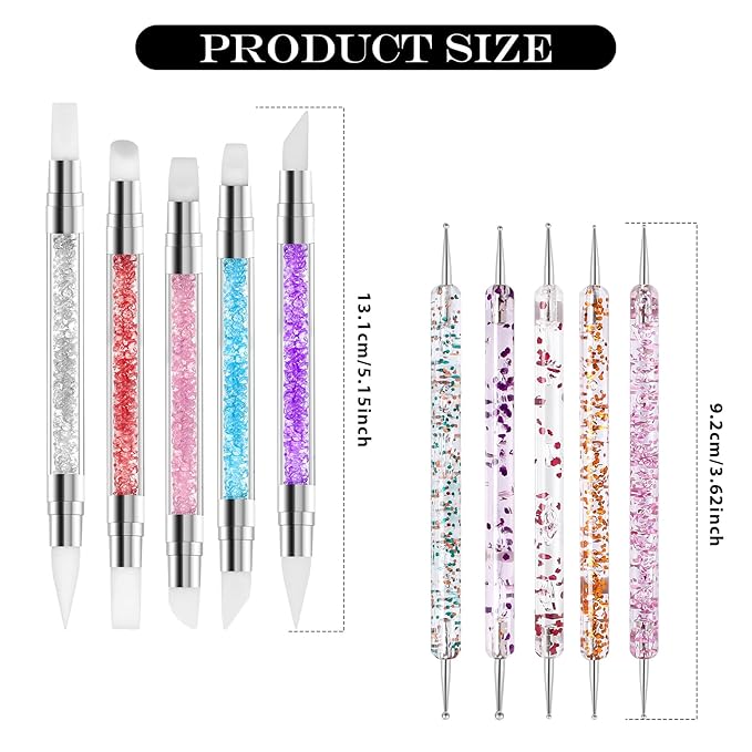 10PCS Nail Art Gel Carving Pen Rhinestone Handle Silicone Nail Art Pen Brushes for Design Foil Carving Drawing 3D Effect Shaping Drawing Dotting Tool