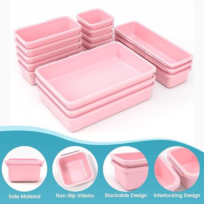 16 PCS Drawer Organizer Set, 4 Size Makeup Drawer Divider Organizer With Non-Slip Pads, Interlocking Plastic Storage Bins for Office,Jewelry Vanity,Gadgets, Bathroom,Kitchen, Pink