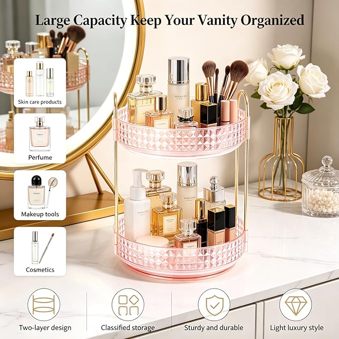 Fangoo 2 Tiers Pink Rotating Makeup Organizer for Vanity 360 Spinning Skincare Organizers for Dresser Perfume Organizer Large Skincare Make up Storage Cosmetic Organizer for Bathroom Countertop
