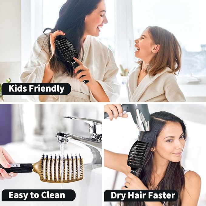 Boar Bristle Hair Brush 2 Pack, HIPPIH Wet & Dry No Pull Curved Vented Hair Brush, Styling Magical Detangler Brush for Kids & Men, Hairbrush for Women Can Adds Shine & Smooth Curly Thick Hair