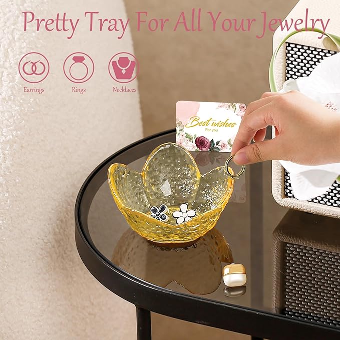 Yellow Flower Ring Dish Jewelry Dish Glass Jewelry Tray Small Trinket Tray Ring Holder Dish Cute Room Decor Aesthetic Bathroom Decor House Warming Engagement Birthday Gifts for Women Stocking Stuffers