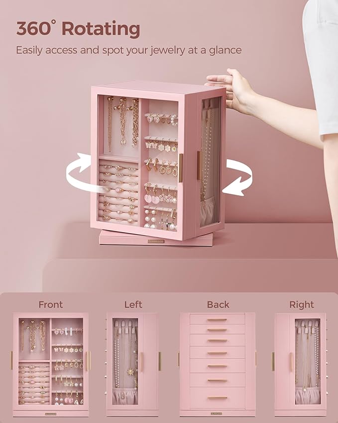 Glimmloop 360ÃÂ° Rotating Jewelry Box with 7 Drawers, Spacious Vertical Jewelry Organizer with Glass Window, Jewelry Storage Case, Dustproof & Moisture-resistant Design, Pink