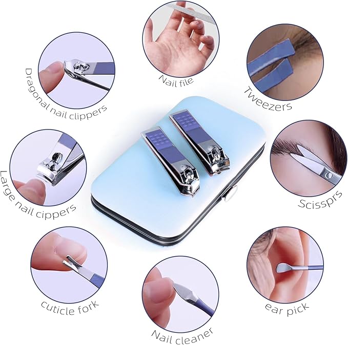 Manicure Set 8 in 1 Nail Clipper Set,RedFlow Nail Clippers,Fingernail & Toenail Clippers,Manicure Tools,Pedicure Tools,Suitable for Travel Manicure Kit,Nail Set Kit with Everything Profe (Blue)