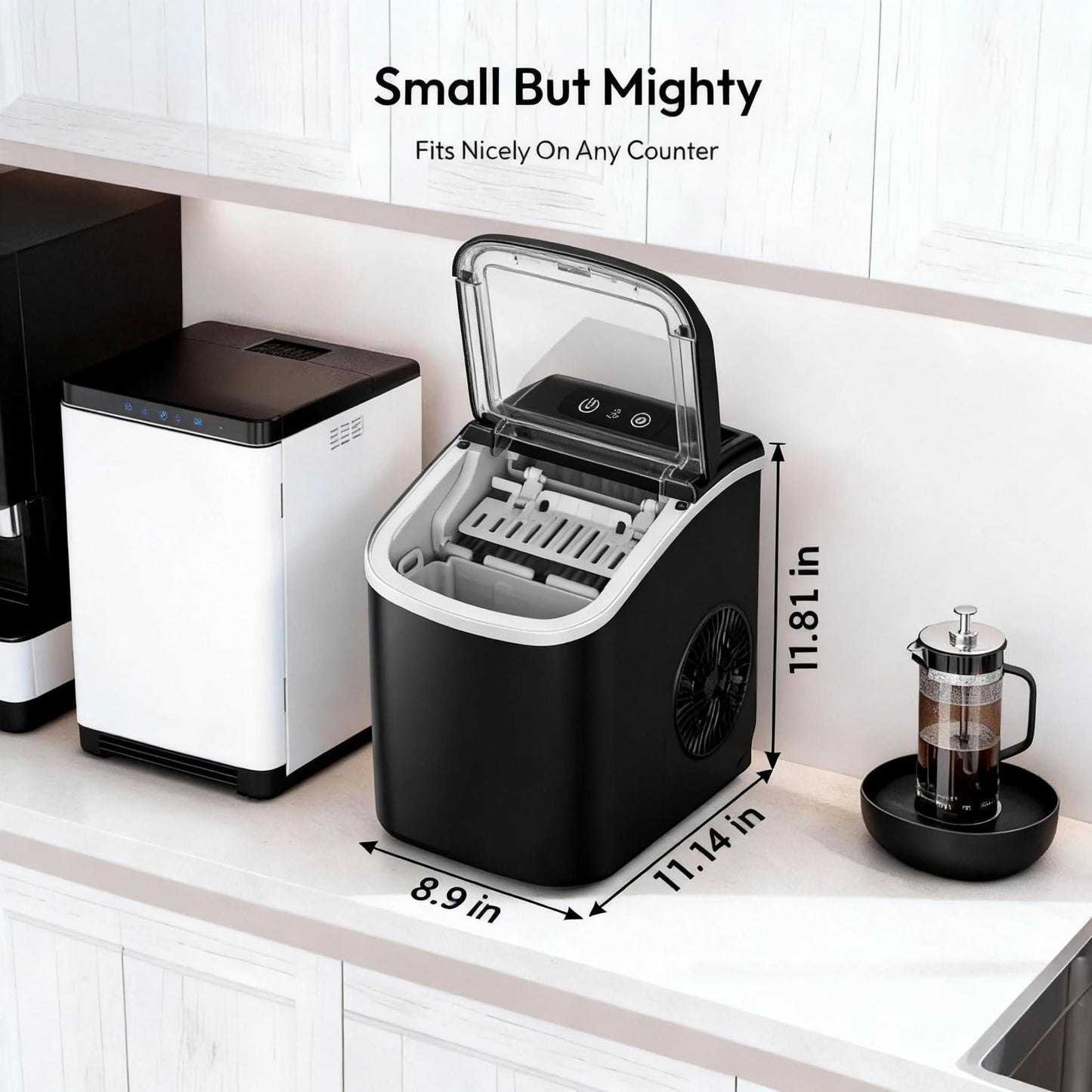 Small Portable Countertop Ice Maker, 26lbs/24H Ice Machine with Self-Cleaning, 6-8 Mins Fast Ice Making,Quiet Operation, Compact Ice Maker with Handle for Home Kitchen Camping RV (Black, 26lbs)