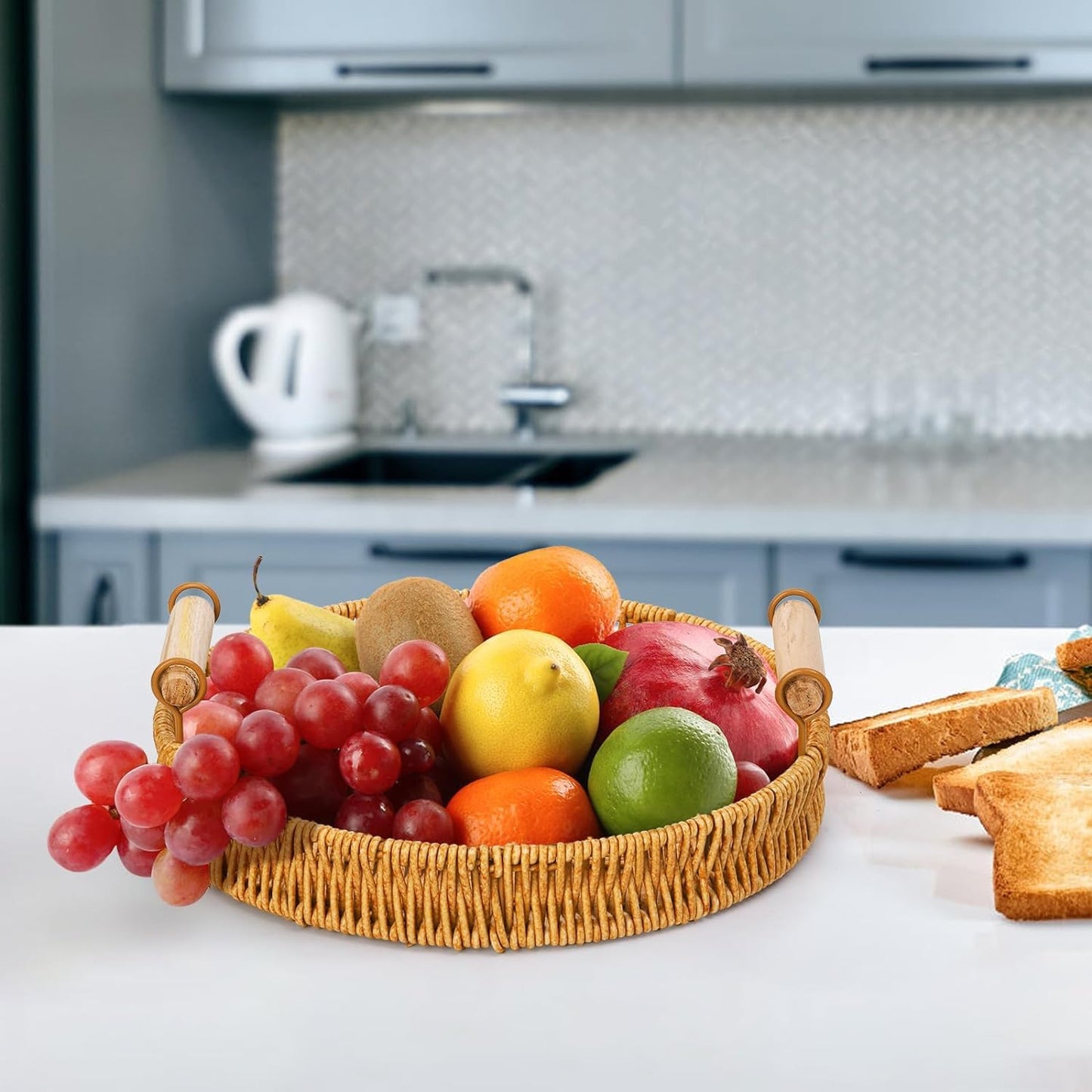 GIB Small Round Rattan Serving Trays with Handles, Decorative Woven Wicker Baskets Serving Trays for Coffee Table Decor, Bread, Fruit, Snacks, Set of 3