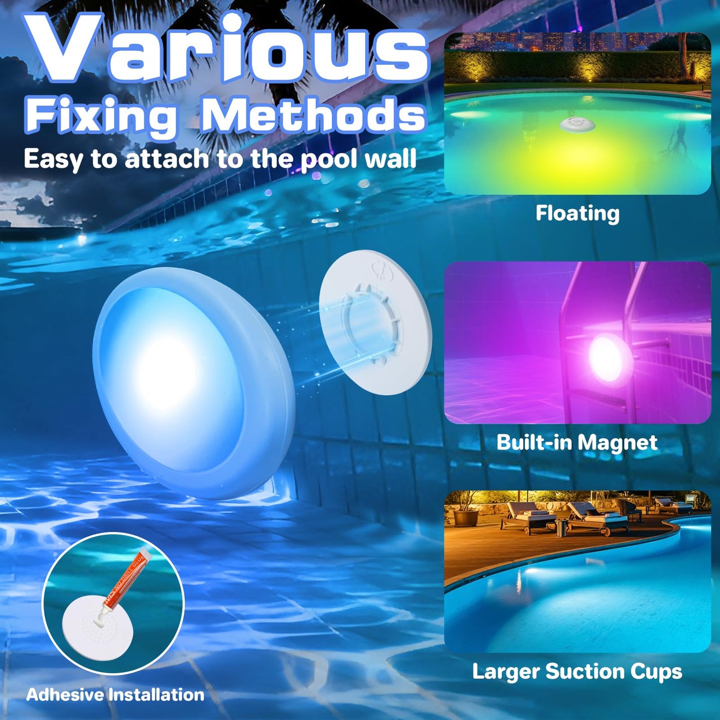 Askyli Pool Lights for Above Ground Pools, Upgraded Rechargeable Dynamic Lighting Inground Pool Lights that Float w/Remote, 16H Runtimes Underwater LED Pools Light with Timer Off for Hot Tub Pond-2PC