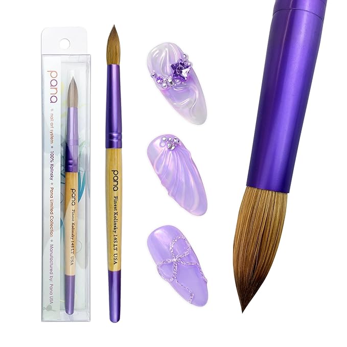 PANA Pure Kolinsky Hair Acrylic Nail Brush - Round Shape Purple Ferrule with Beige Wood Handle (Size 14) - Nail Brush for Acrylic Nail Application, Nail Extension, Manicure Pedicure Salon Beginner and