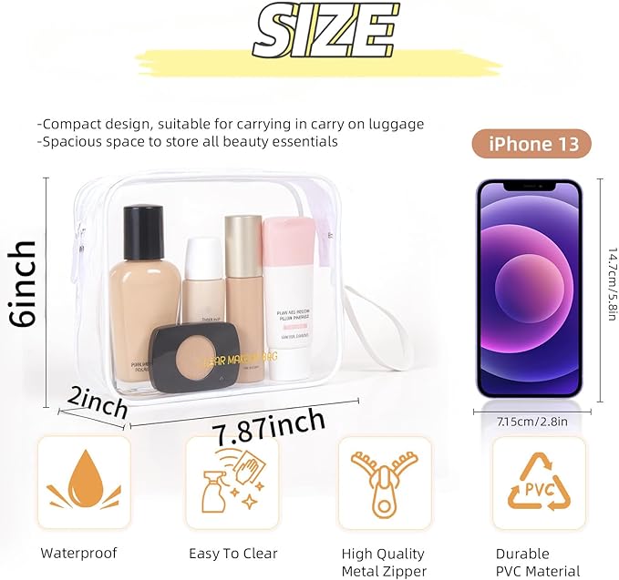 Clear Makeup Bag,2 Pack TSA Approved Toiletry Bag Travel Toiletry Bag Hanging Makeup Cosmetic bag for Women Men (White)