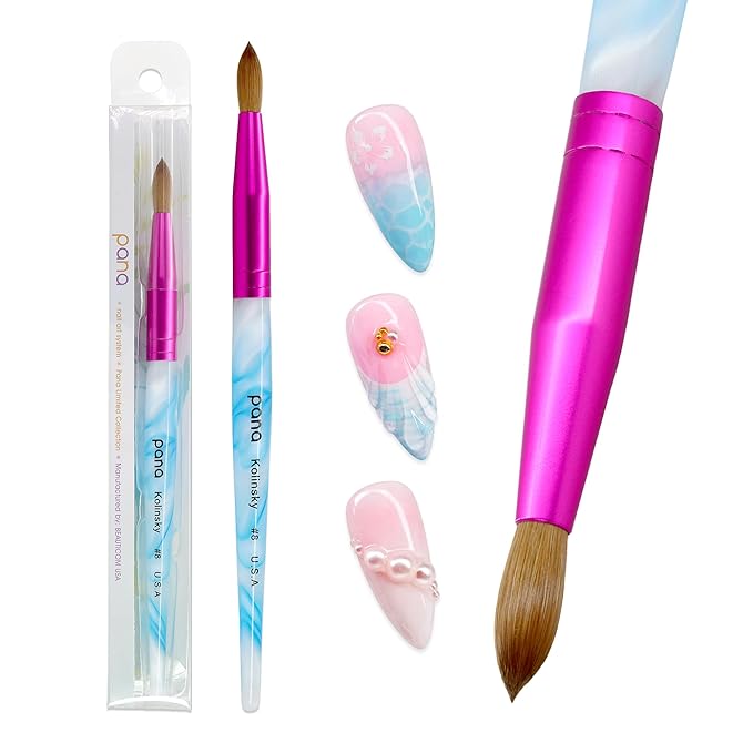 PANA USA Acrylic Nail Brush Pure Kolinsky Hair Acrylic White Swirl Blue Handle with Pink Ferrule Round Shaped - Size 8