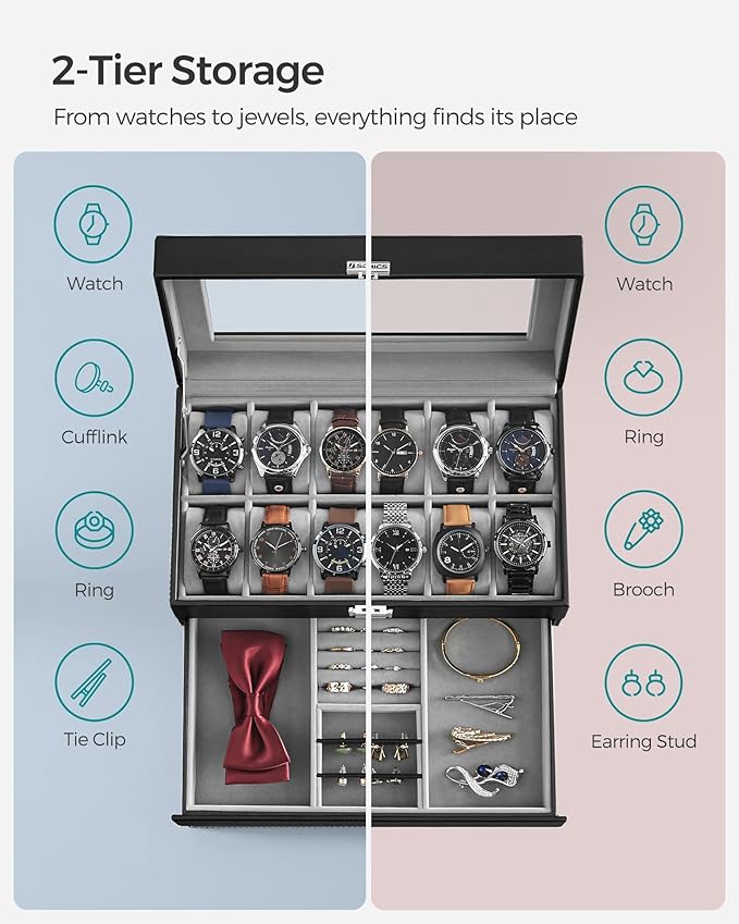 SONGMICS Watch Box, 12-Slot Watch Case Organizer with Large Glass Lid, 2 Layers, Removable Pillows, Metal Lock, Gift for Loved Ones, Black Synthetic Leather, Gray Lining UJWB012
