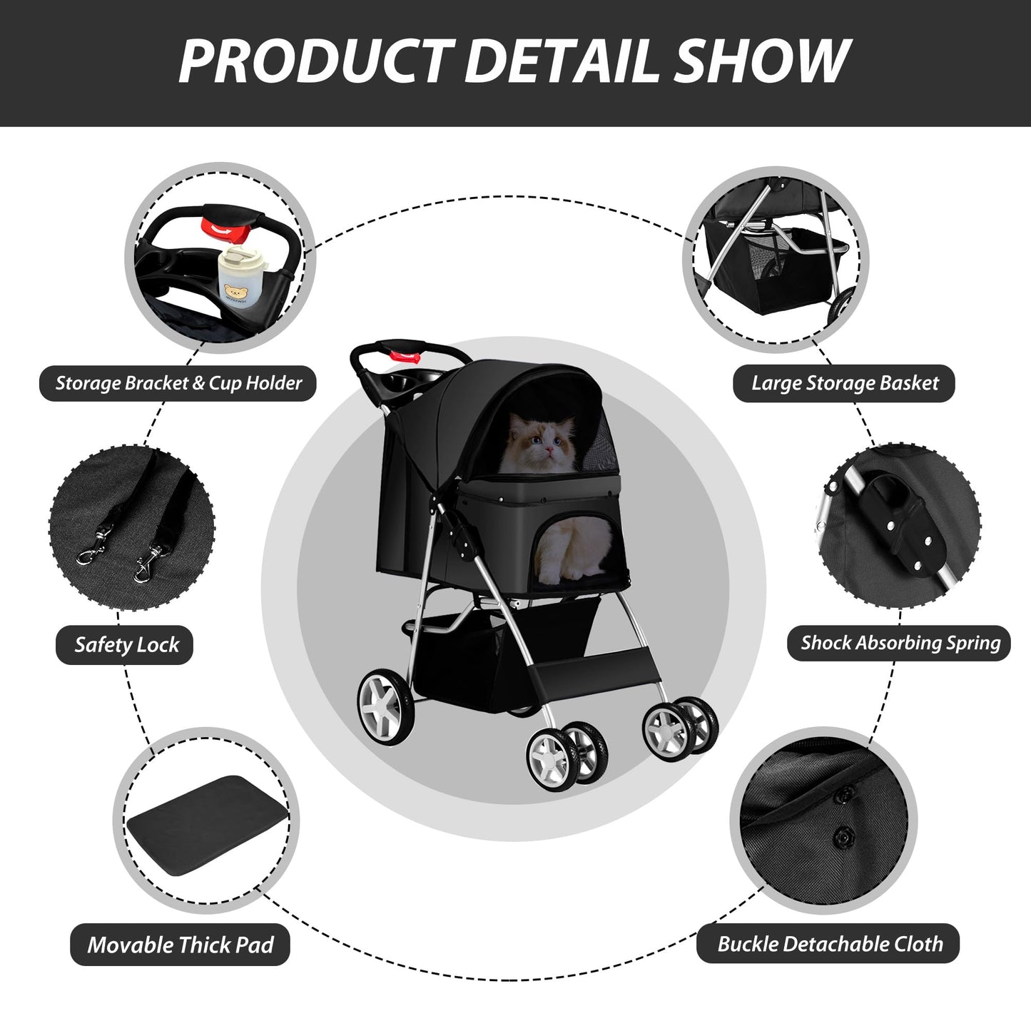 Unisakey 4 Wheels Pet Stroller for Small Medium Dogs Cats 10-33 lbs, Foldable Dog and Cat Stroller with Cup Holder & Storage Basket & Breathable Mesh, Pet Strolling Cart for All-Season, Black