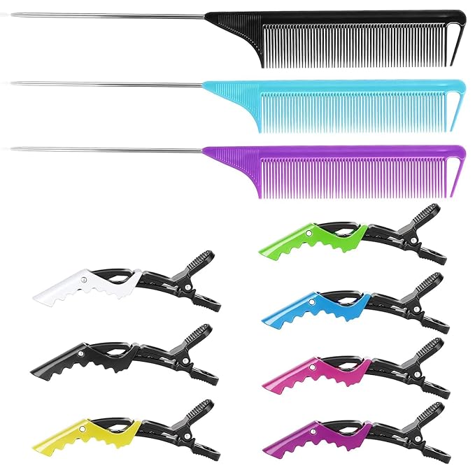 Rat Tail Comb Hair Clips Set: 3Pcs Rat Tail Combs, 7Pcs Alligator Clips (Black, Purple, Blue)