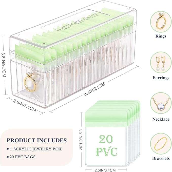 Acrylic Jewelry Box Organizer, Clear Jewelry Organizer Holder with 20 Portable Anti Tarnish Jewelry bags, Travel Jewelry Case for Earrings/Rings/Necklaces for Women Girls, Green