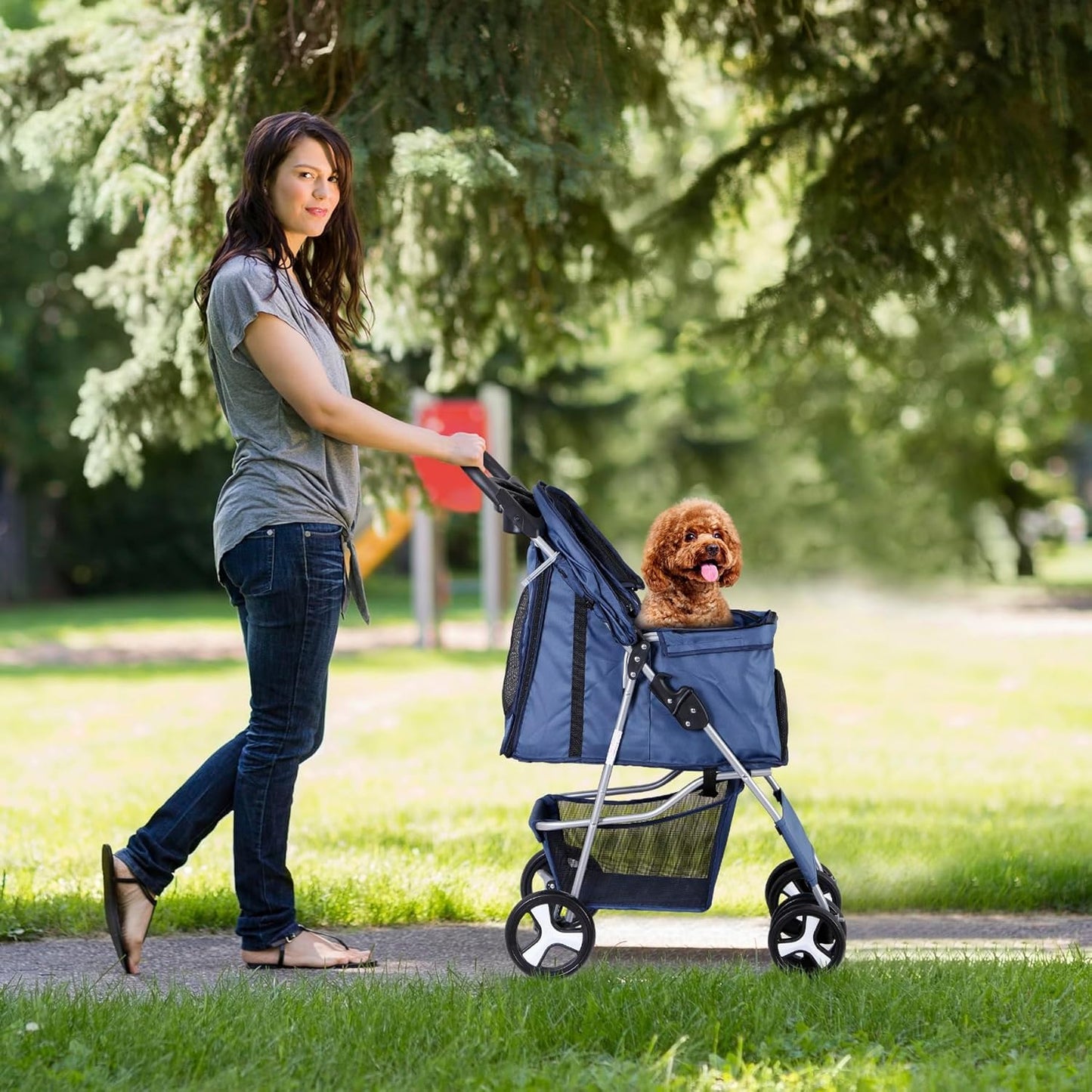LEMY Pet Stroller,4 Wheels Dog Cat Stroller with Storage Basket&Cup Holder,Folding Dog Cat Cage Jogger Strollers for Small Medium Dogs Cats Travel,Navy Blue