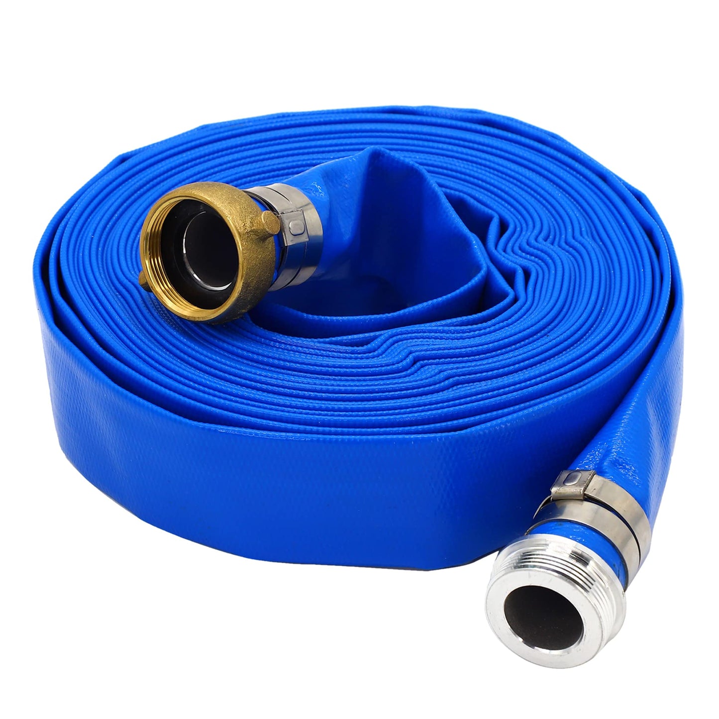 DAVCO 1.5" ID × 50 ft Pool Backwash Hose, Heavy Duty Reinforced Blue PVC Lay Flat Water Discharge Pump Hoses For Swimming Drain Pools and Clean Filters, With Aluminum Pin Lug Fittings