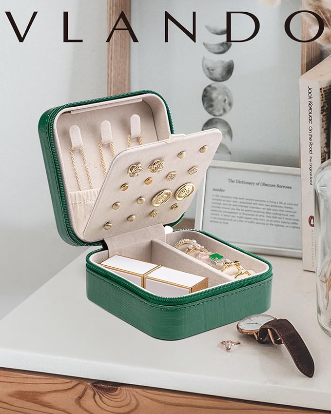 Vlando Travel Jewelry Case, Small Travel Jewelry Organizer Box for Girls Women - Dark Green