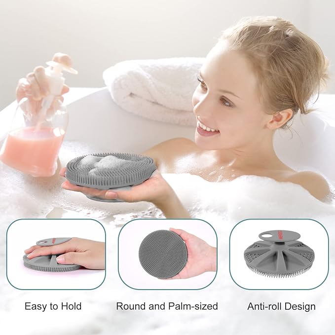 INNERNEED Food-Grade Soft Silicone Body Scrubber Shower Brush, with Handheld Facial Cleansing Skin Brush, with Scalp Massager Shampoo Brush (Gray)