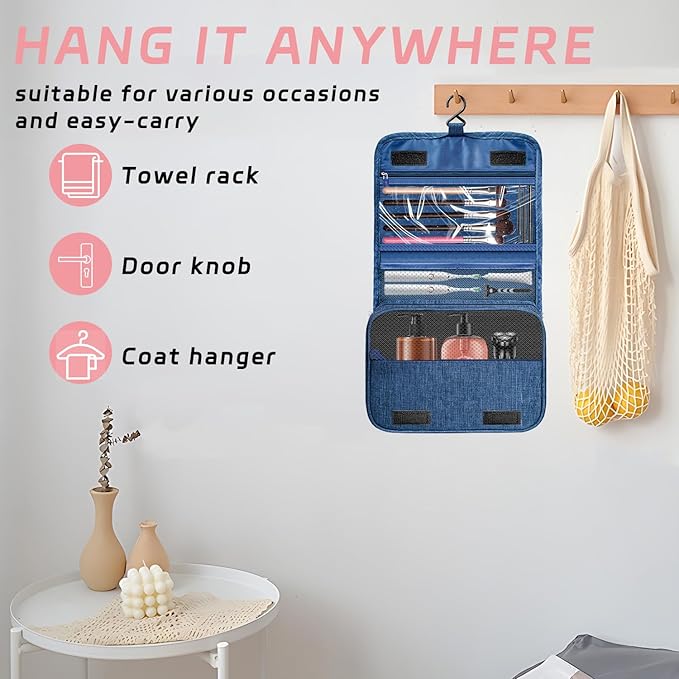 Toiletry Bag Travel Bag with Hanging Hook, Waterproof Capacity Hanging Multifunctional Makeup Bag for Toiletries, Portable Cosmetic Bag Travel Organizer for Women and Men(Navy Blue)