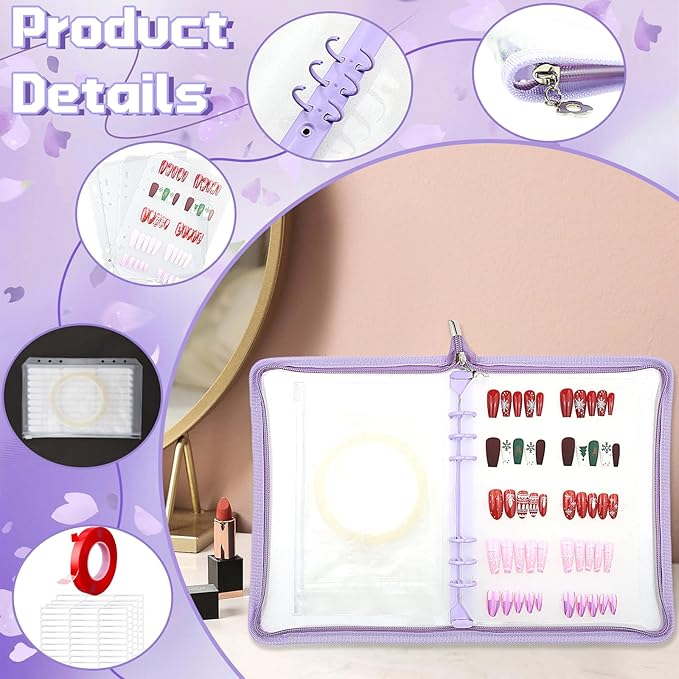 Press on nail storage Nail Storage Book - Portable Versatile Organizer for Press - On Nails, Jewelry and More with 90 Pcs Adhesive Double Sided Tape Purple
