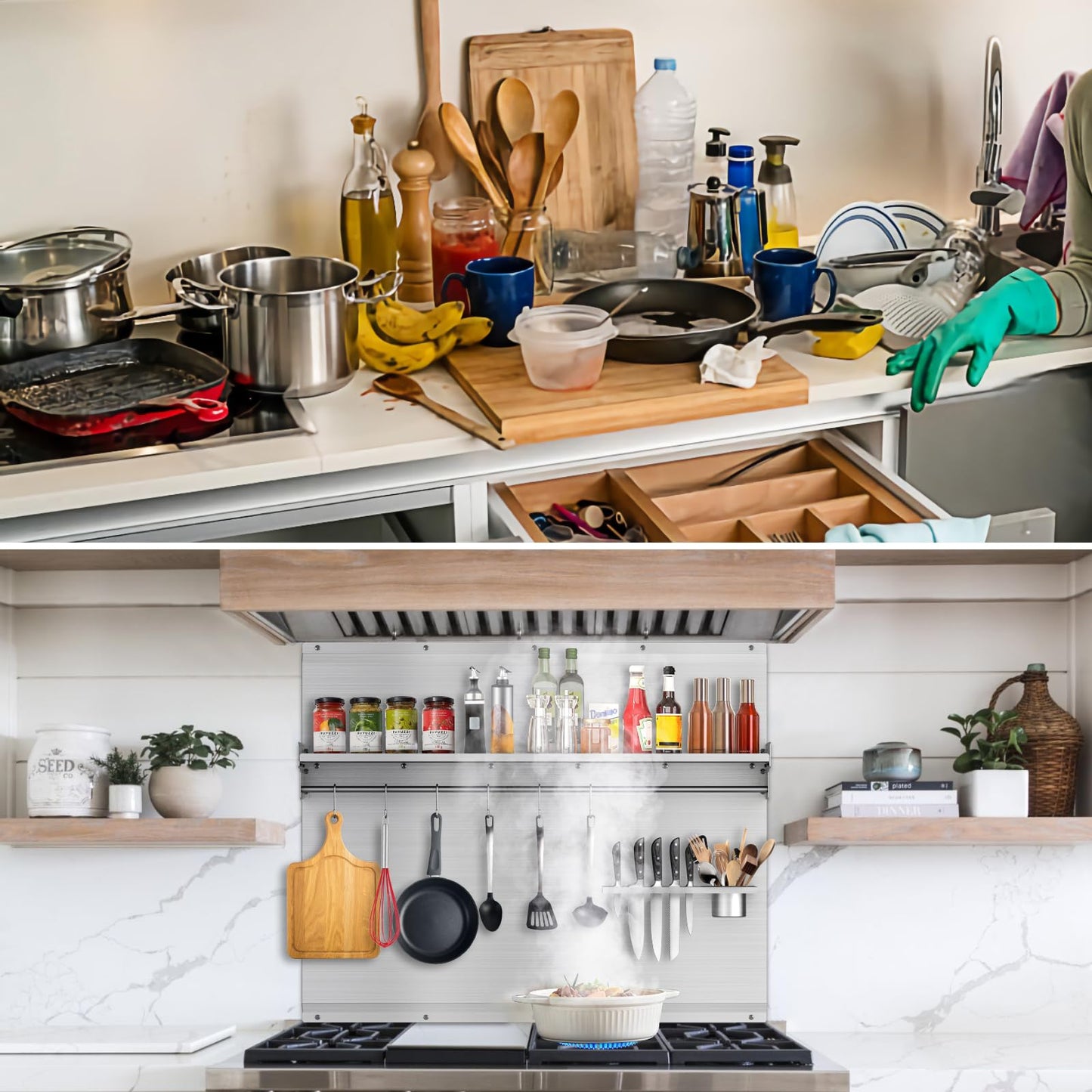 VENFAN 30x24 Inch Stainless Steel Stove Backsplash with Shelf, 6 Hooks & Knife Stand - Rust-Proof Kitchen Wall Protector Stainless Steel - Easy No-Drill Installation