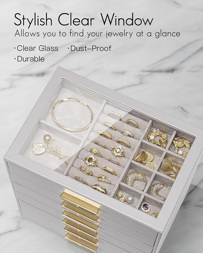Vlando 6 Layer Jewelry Box for Women, Glass Lid Jewelry Organizer with 6 Drawers for Necklaces Rings Earrings Bracelets - Grey