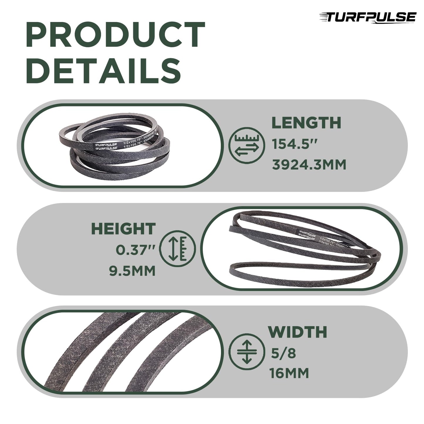 TURFPULSE Lawn Mower Deck Belt Replace 116-3455 02000611 482530 for Exmark Pioneer E/S Series Quest SP Cub Cadet M72-CT Scag SMTC-52A Replacement Part Accessories, 5/8 Inch x 154.5 Inch