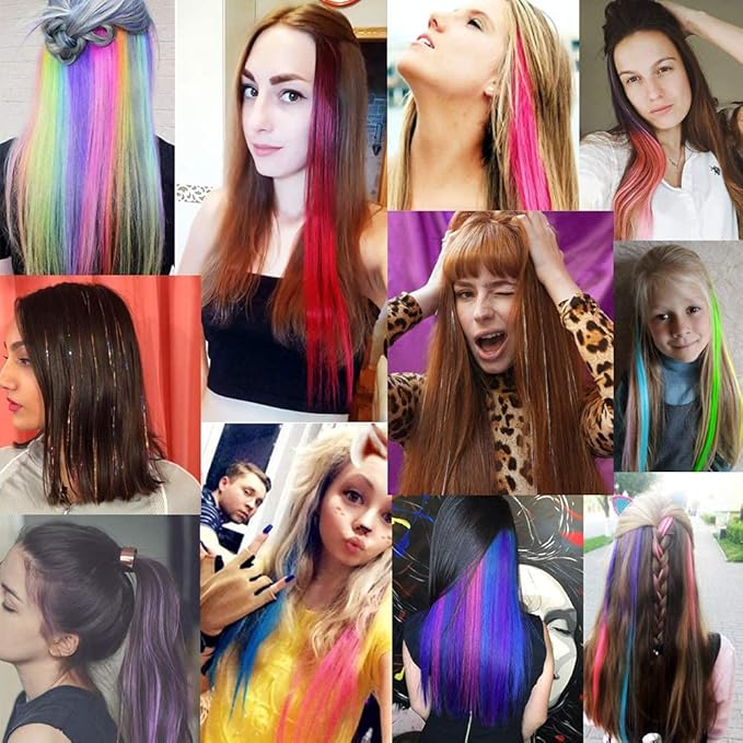 32Packs Colored Hair Extensions 20Inch Straight Color Clip in on Hair Extension Rainbow Party Highlights Synthetic Hairpiece(16 colors)
