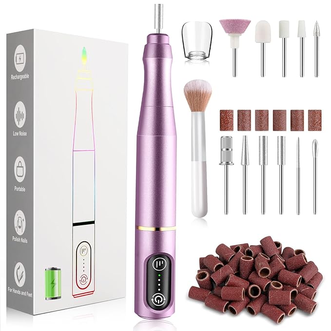 Cordless Nail Drill Electric Nail File Kit, Rechargeable Efile Set, Portable Acrylic Gel Nail Polish Remover Machine, Pedicure Manicure Tool, 11 Bits, 56 Sanding Bands, Salon Home, Purple
