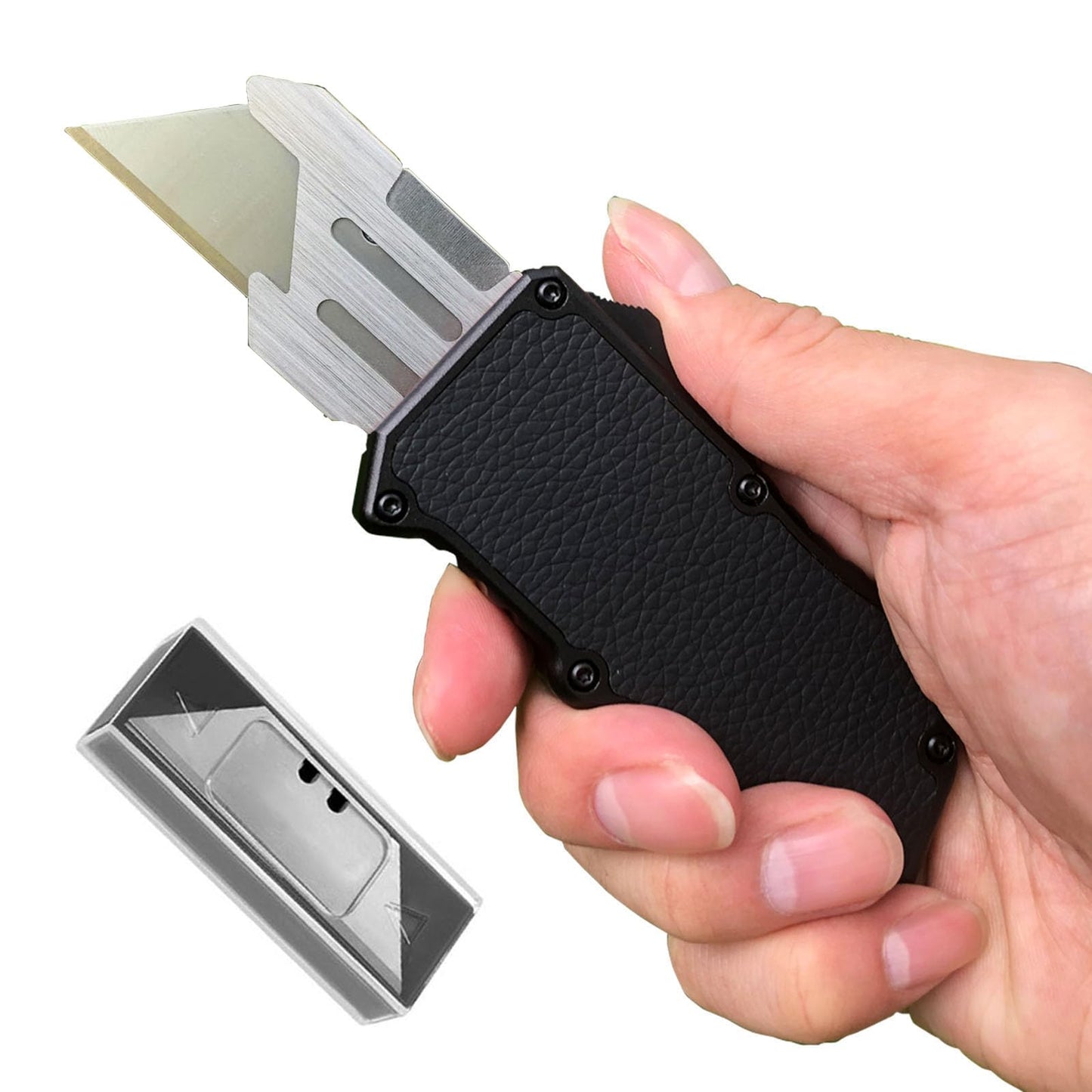 Caressolove Automatic Utility Knife, Black Razor Blades Pocket Knife, Box Cutters Retractable Heavy Duty, Premium Safety Push Button Knife with 5PCS Blades