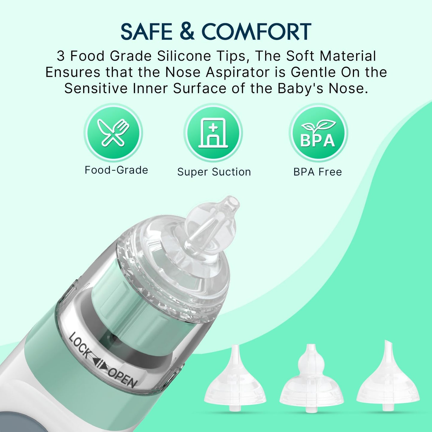 Electric Nasal Aspirator for Baby, Nose Aspirator for Toddlers, Waterproof Baby Nose Sucker, Nose Cleaner with 3 Silicone Tips, Adjustable Suction Level, Music and Light Soothing Function,Green