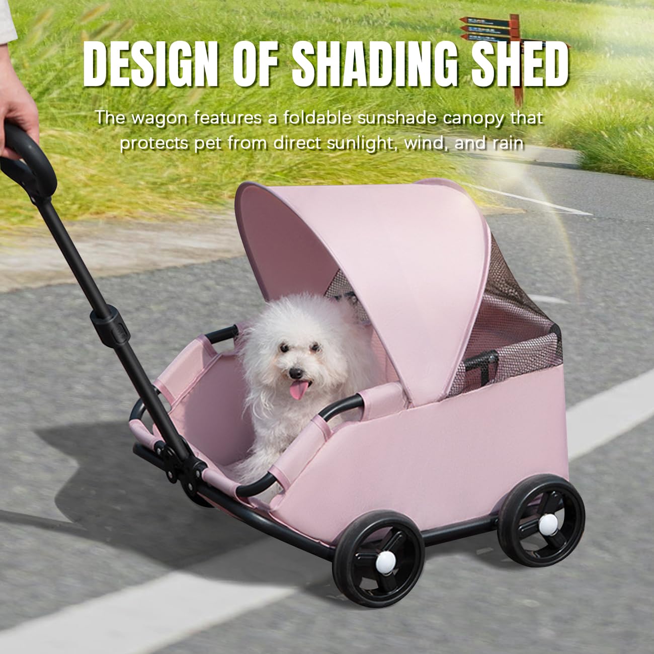La La Pet 4-Wheel Dog Stroller with Sunshade Cover Collapsible Mesh Canopy Portable Pet Carrier for Outdoor Travel Shopping Walking Suitable for Small Dogs and Cats Pink