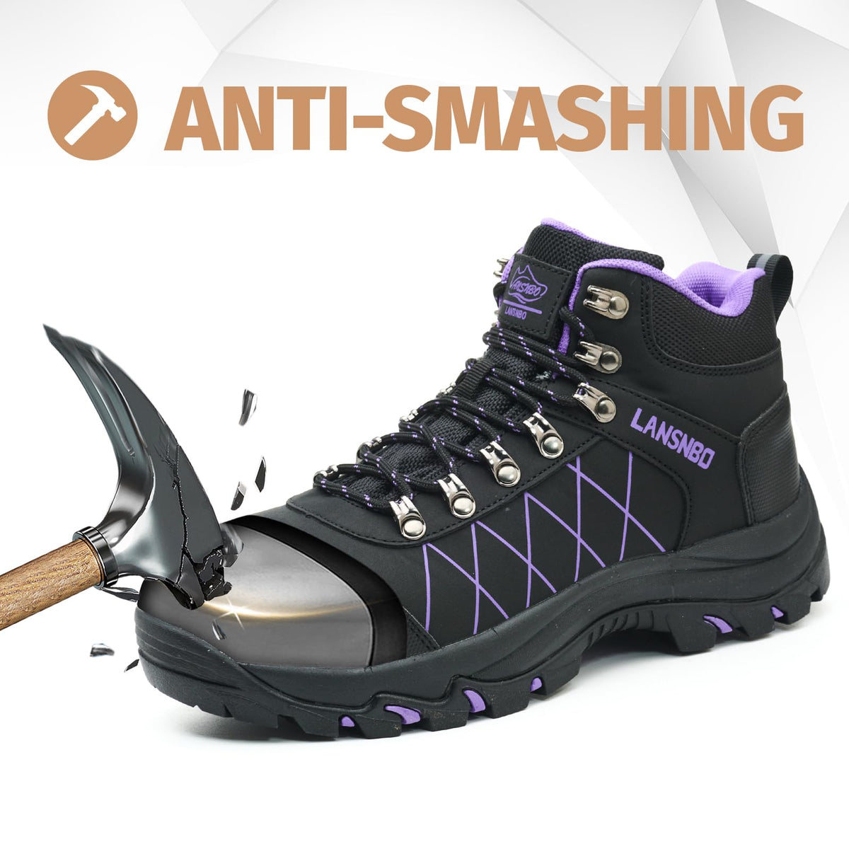 LANSNBO Waterproof Steel Toe Work Boots for Women Wide Width (Purple-9)