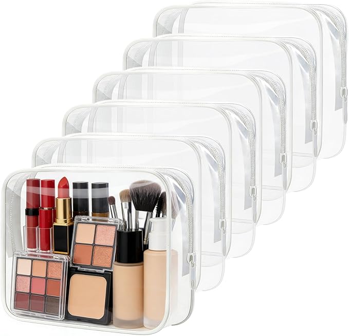 6 Pcs Large Clear Makeup Bags, TSA Approved Toiletry Bags for Travel, Waterproof Clear Pouches with Zipper, Plastic PVC Cosmetic Organizer Case for Women Men Vacation Bathroom Essentials (White Large)