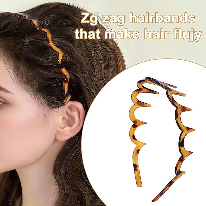 2026 Zigzag Headbands for Women, 2-Pack U-Shaped Hair Comb Headbands, Non-Slip Slick-Back Hair Accessories, Black & Tortoise Recycled Plastic, Teeth Hairband for Everyday Styling & Workout