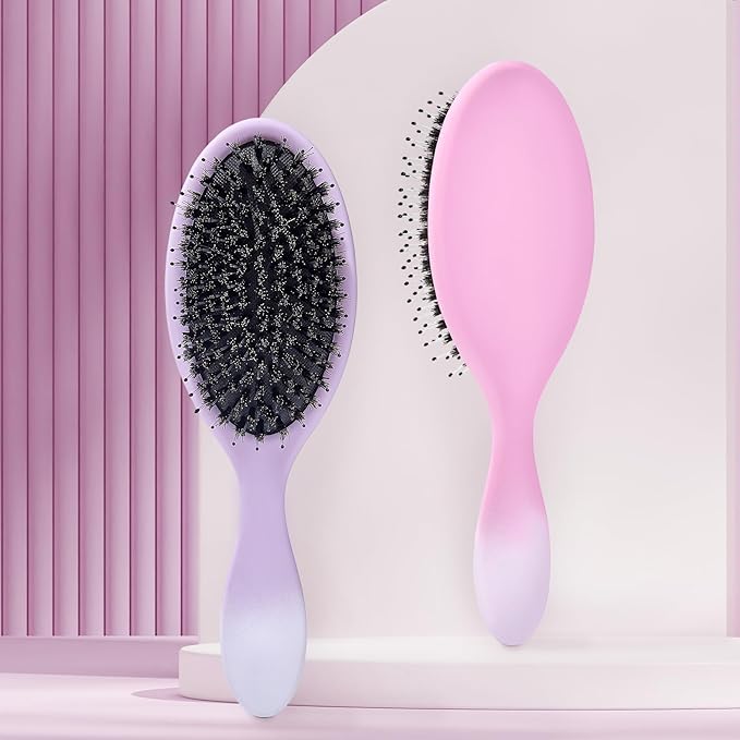 Boar Bristles Hair Brush for Women and Men, Detangling Hair Brush for Smoothing Massage Add Shine, Nylon&Boar Bristles Detangler brush for Hair Healthy (1 Pcs-Purple&White)