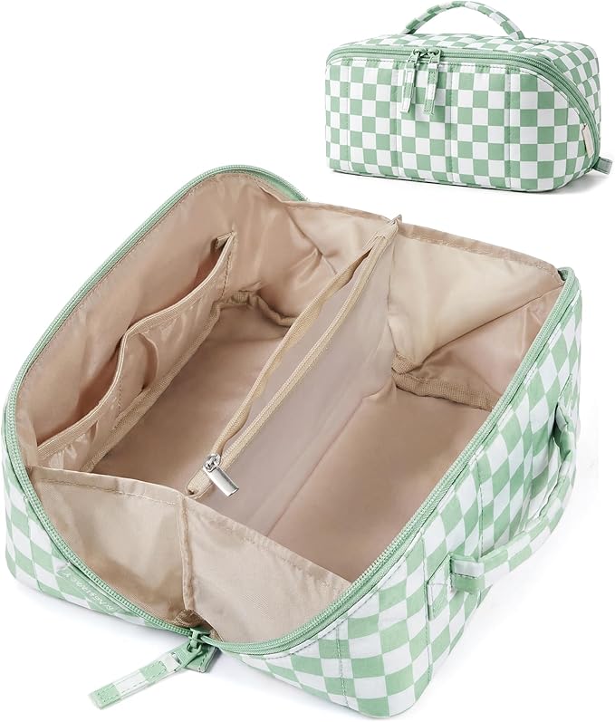 BAGSMART Travel Makeup Bag for Women, Portable Water-resistant Cosmetic Case, Puffy Padded Make Up Organizer Pouch, Open Flat Toiletry Bag for Toiletries, Brushes, Checkred Green