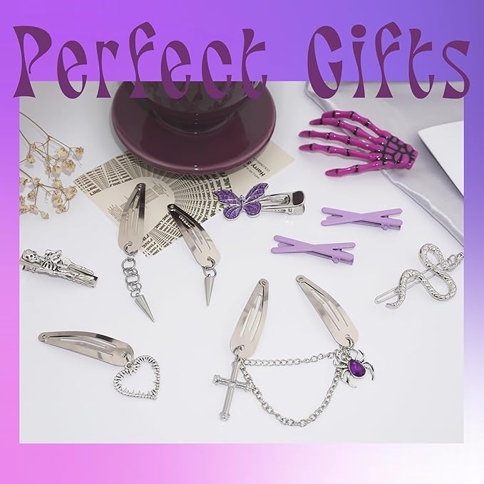 10PCS Y2K Hair Clips Purple Punk Hair Snap Clips Pastel Goth Dangle Spider Skeleton Cross Ghost Snake Halloween Hair Accessories for Women Girls