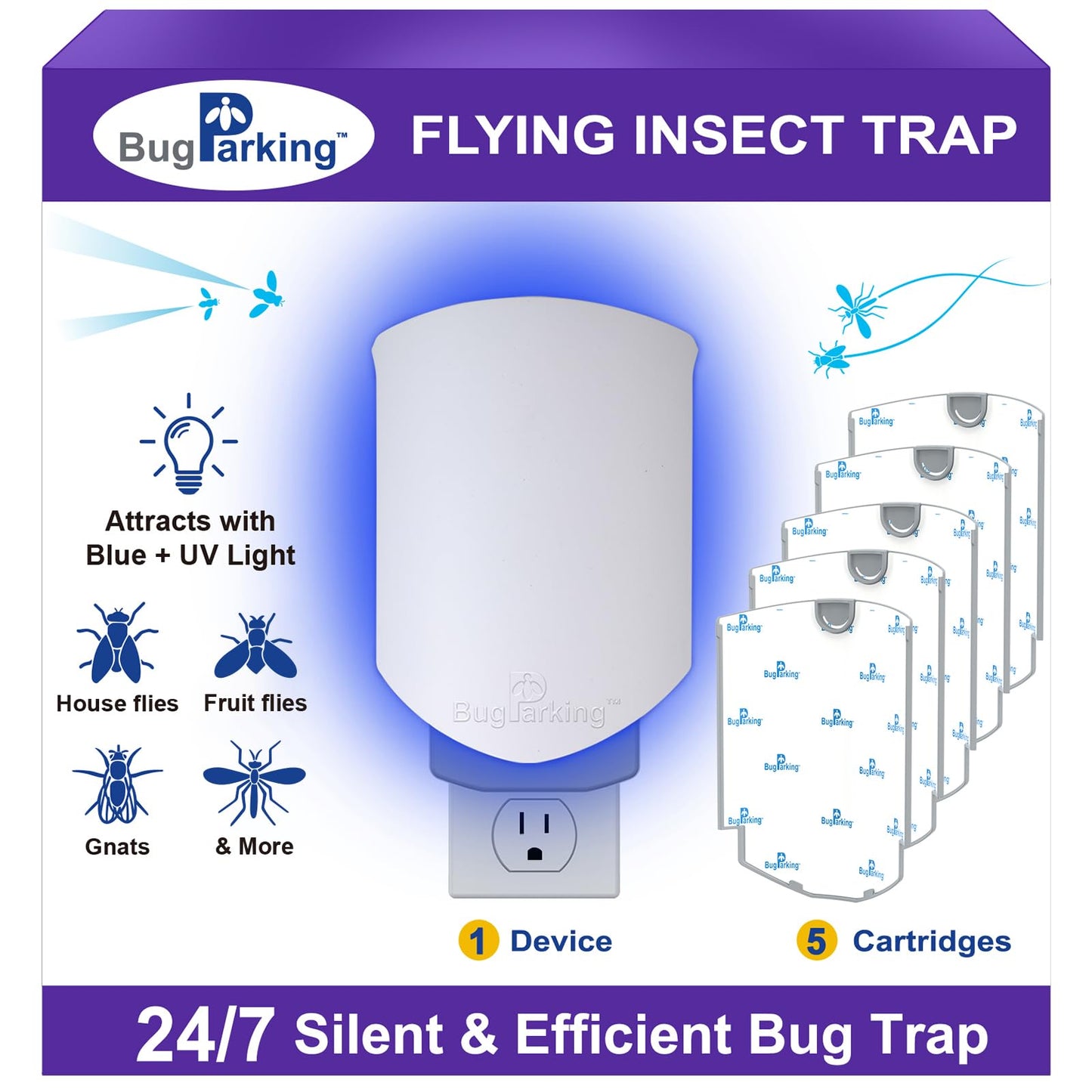 Bug Parking Flying Insect Trap, Plug-in UV Light for Gnats, Fruit Flies and Houseflies, Silent Sticky Catcher for Indoor Use, 1 Device & 5 Refills