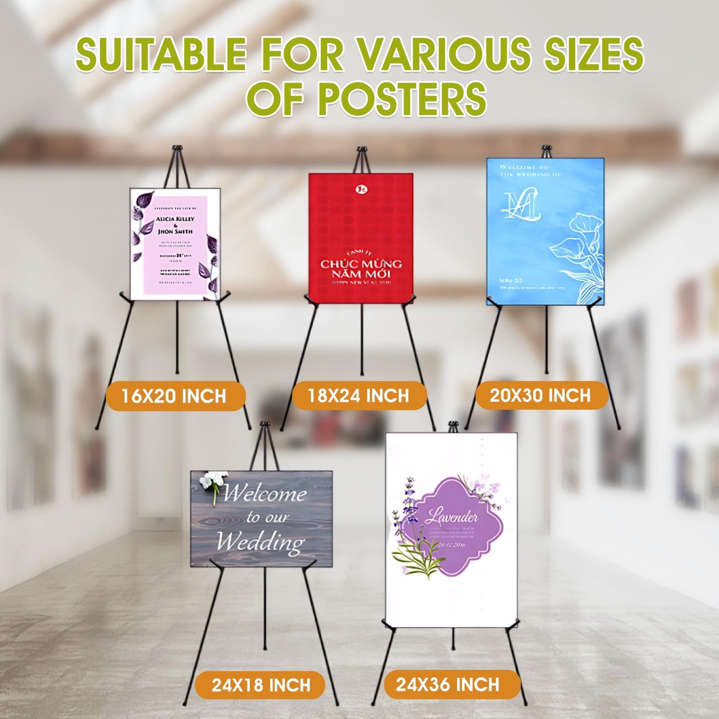 AROIC 63" Easel Stand for Display, 3 Pack Portable Foldable Metal Easel, Easels for Signs Wedding Logos,Arts, Painting,Adjustable Floor Easels with 3 Storage Bag